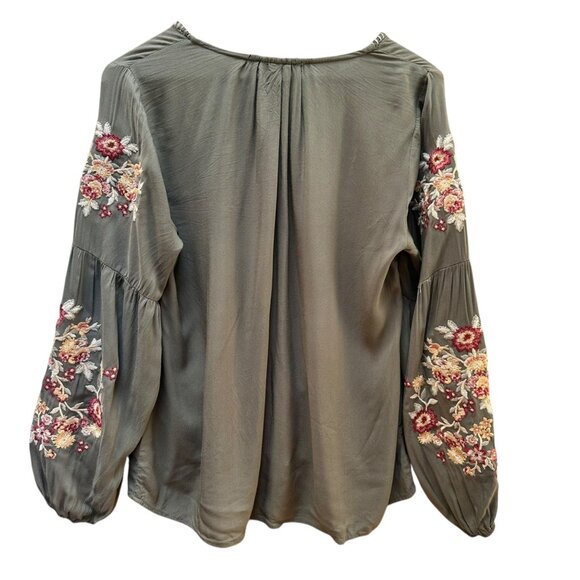 Andrée By Unit Olive Green Embroidered Floral‎ Long Sleeve Peasant Blouse L - Picture 3 of 5